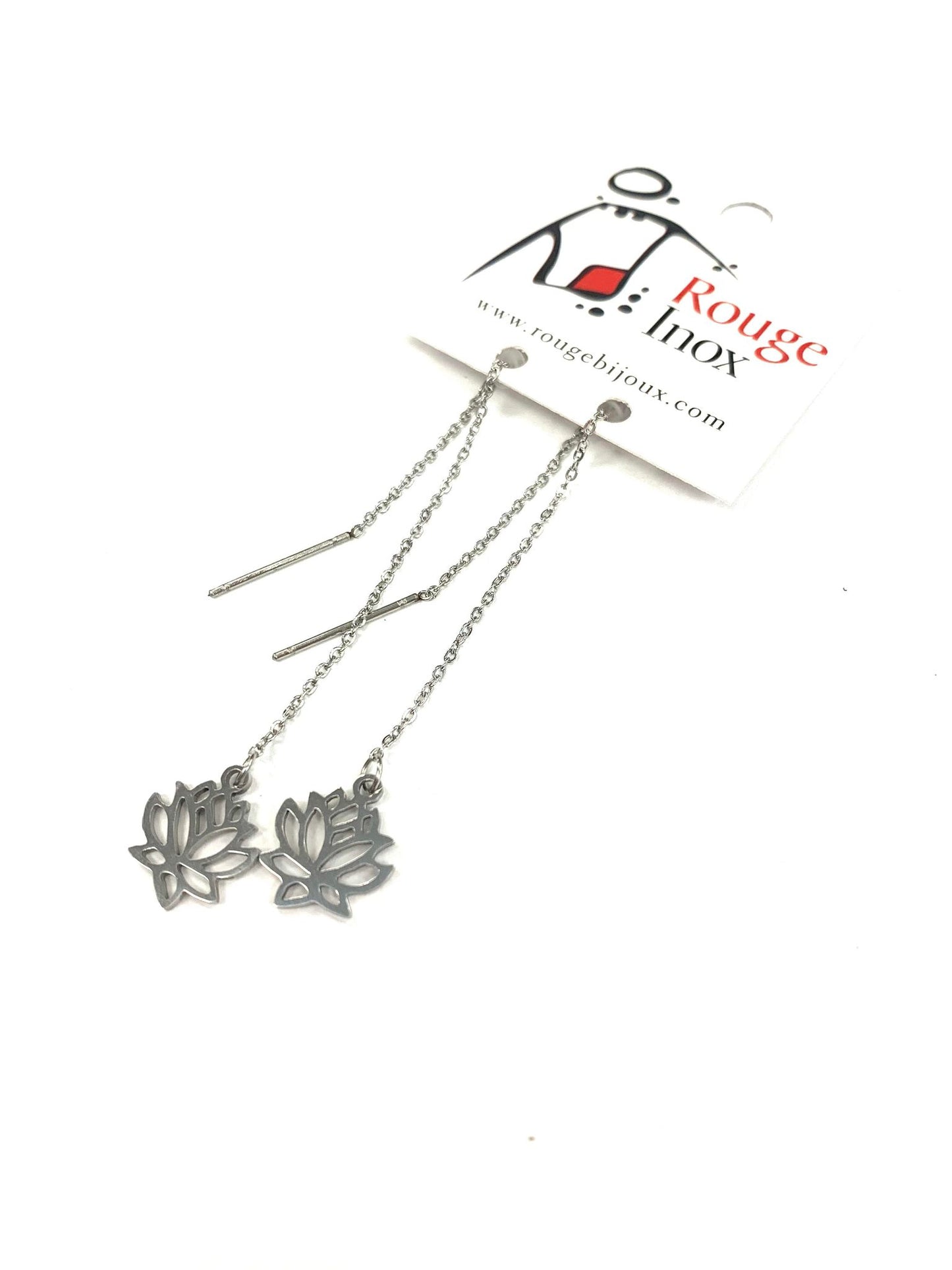Boucles d'oreilles longues Lotus - Argent - Rouge Inox