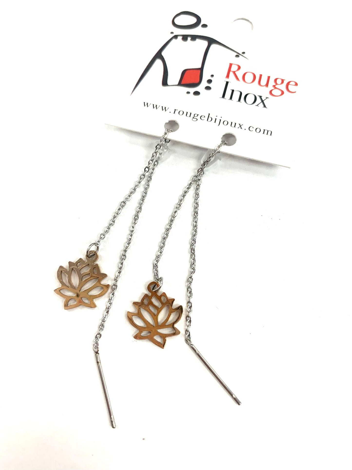 Boucles d'oreilles longues Lotus - Or rose - Rouge Inox