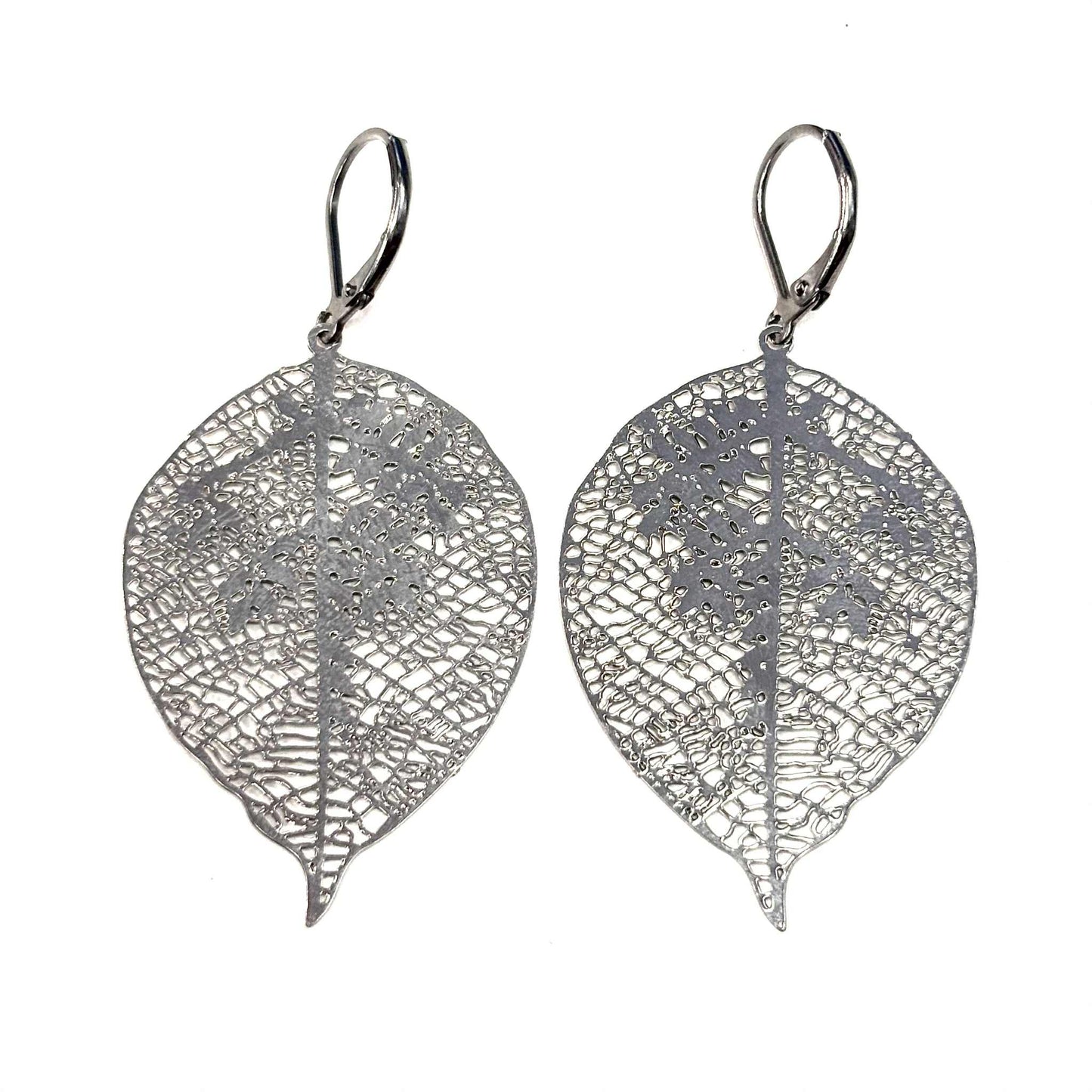 Boucles d'oreilles - Feuille nervures argent - Rouge Inox
