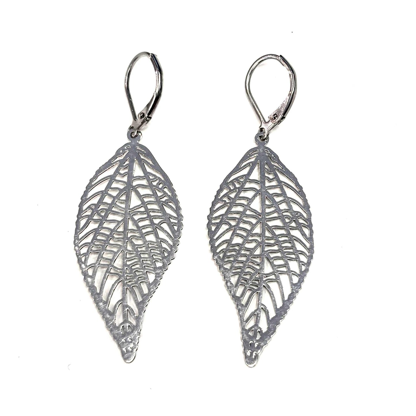 Boucles d'oreilles - Feuille allongée argent- Rouge Inox