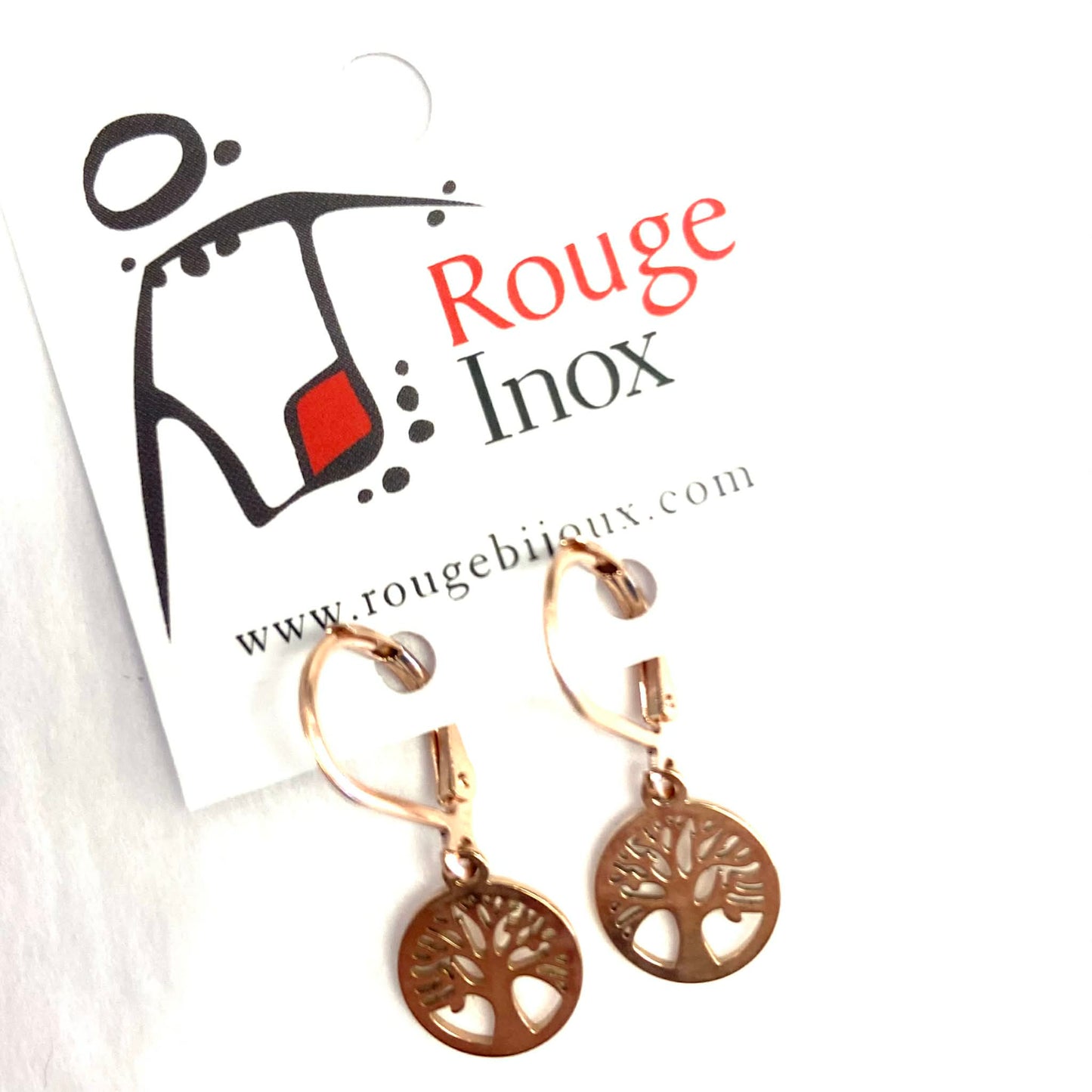 Small Tree of Life Drop Earrings - Rose Gold - Red Stainless Steel