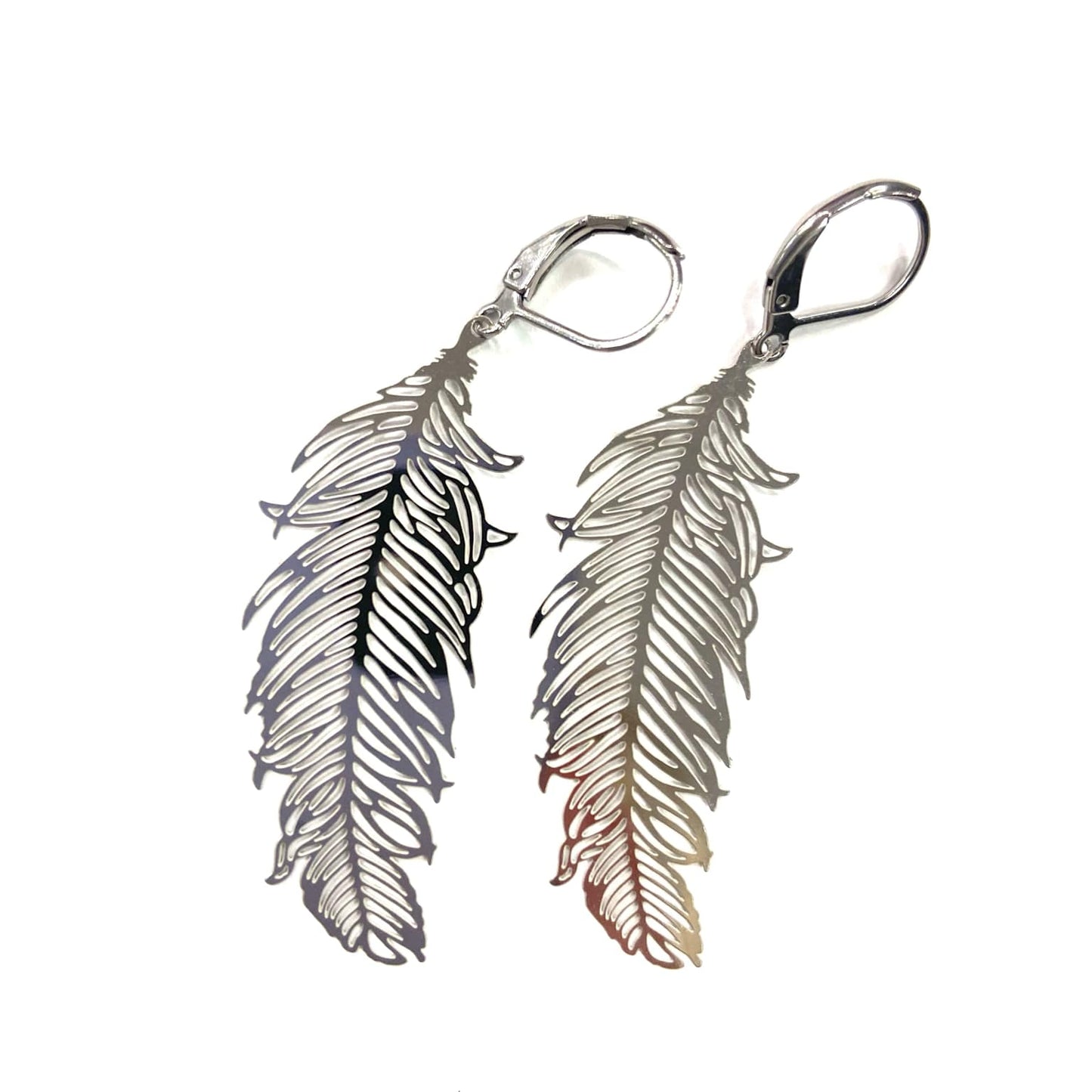 Earrings - Small silver-colored feather - Red Stainless Steel