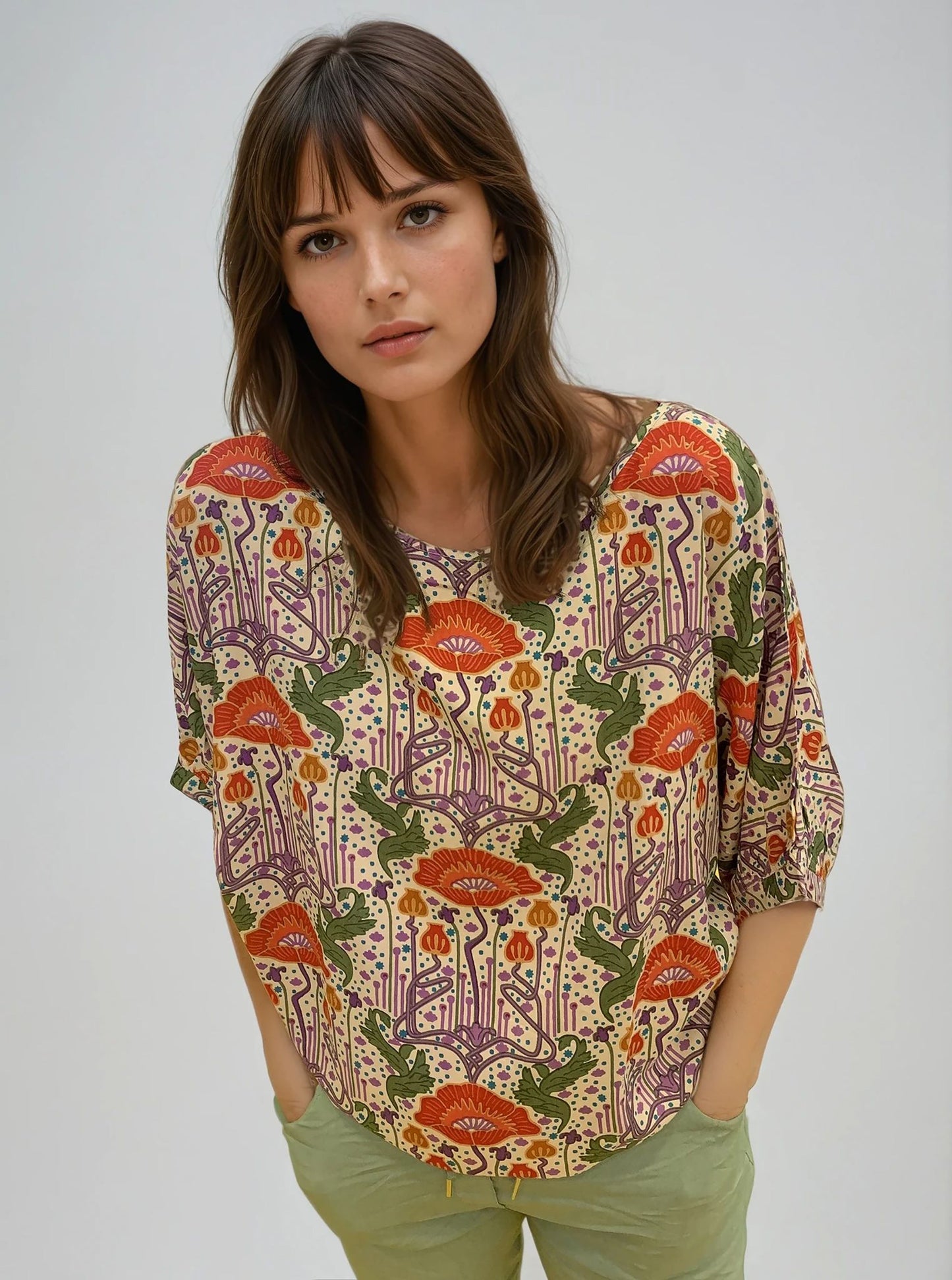 MONA LISA-G Haut décontracté à manches courtes – Imprimé floral rétro rouge, vert & violet GDB