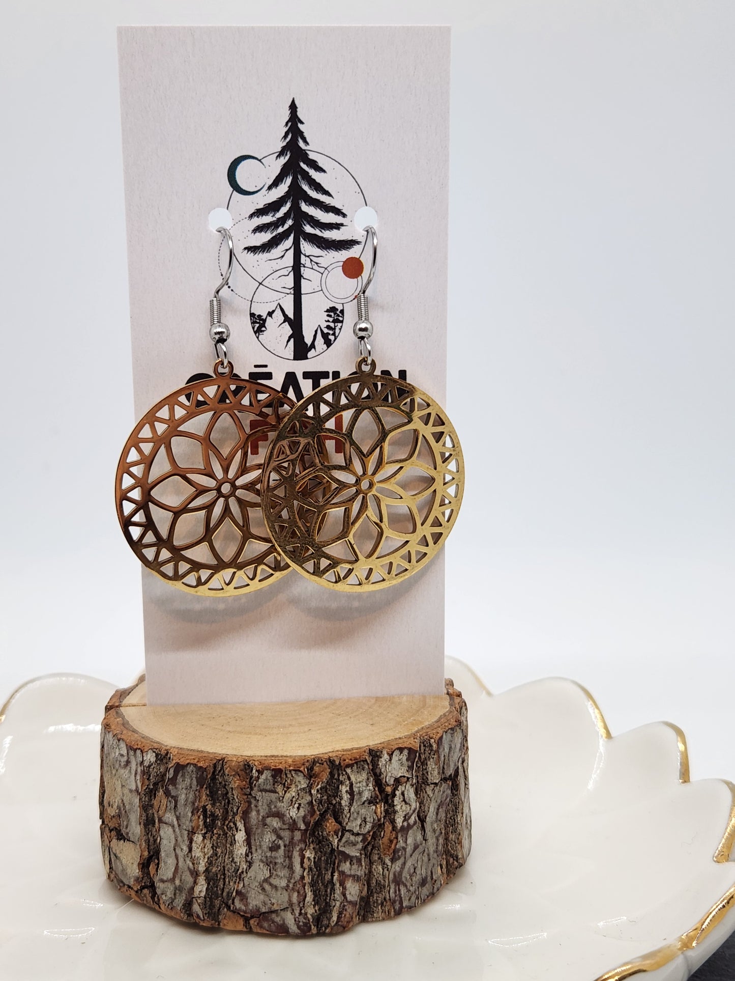 Boucles d'oreilles - Rond Mandala - inox or - Création Fish