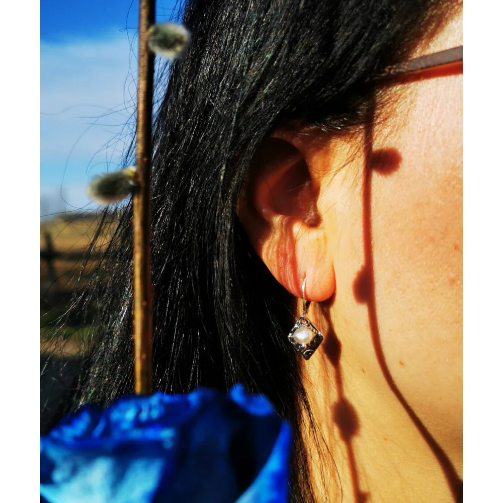 LOSANGE PERLÉ, boucles d'oreilles argent sterling