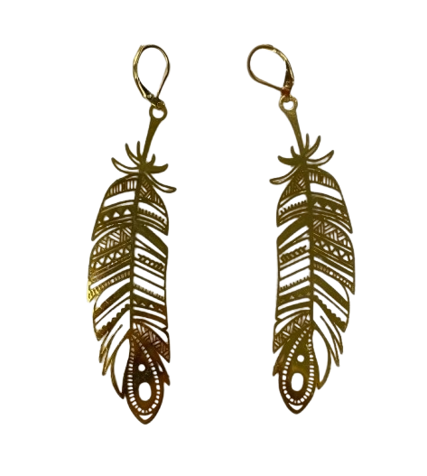 Boucles d'oreilles - Plume grosse couleur or - Rouge Inox