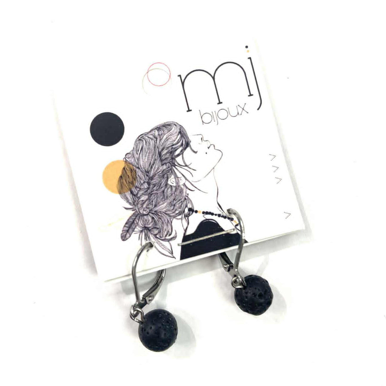 Boucles d'oreilles - Bille en pierre - Noire brute - MJ Bijoux