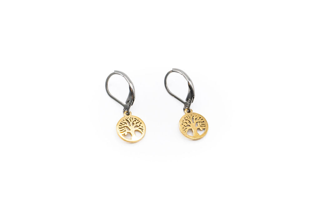 Tree of Life Drop Earrings - Gold - Red Stainless Steel