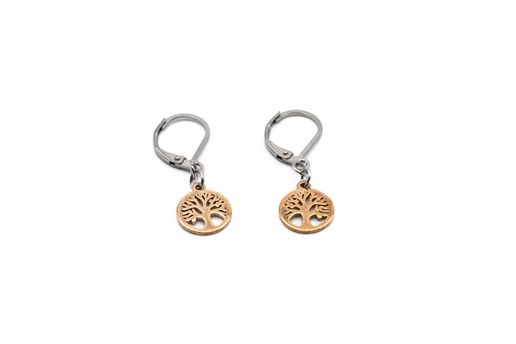 Tree of Life Drop Earrings - Rose Gold - Red Stainless Steel