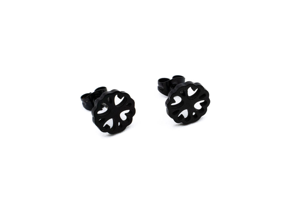 Black Flower-Heart Earrings - Red Stainless Steel