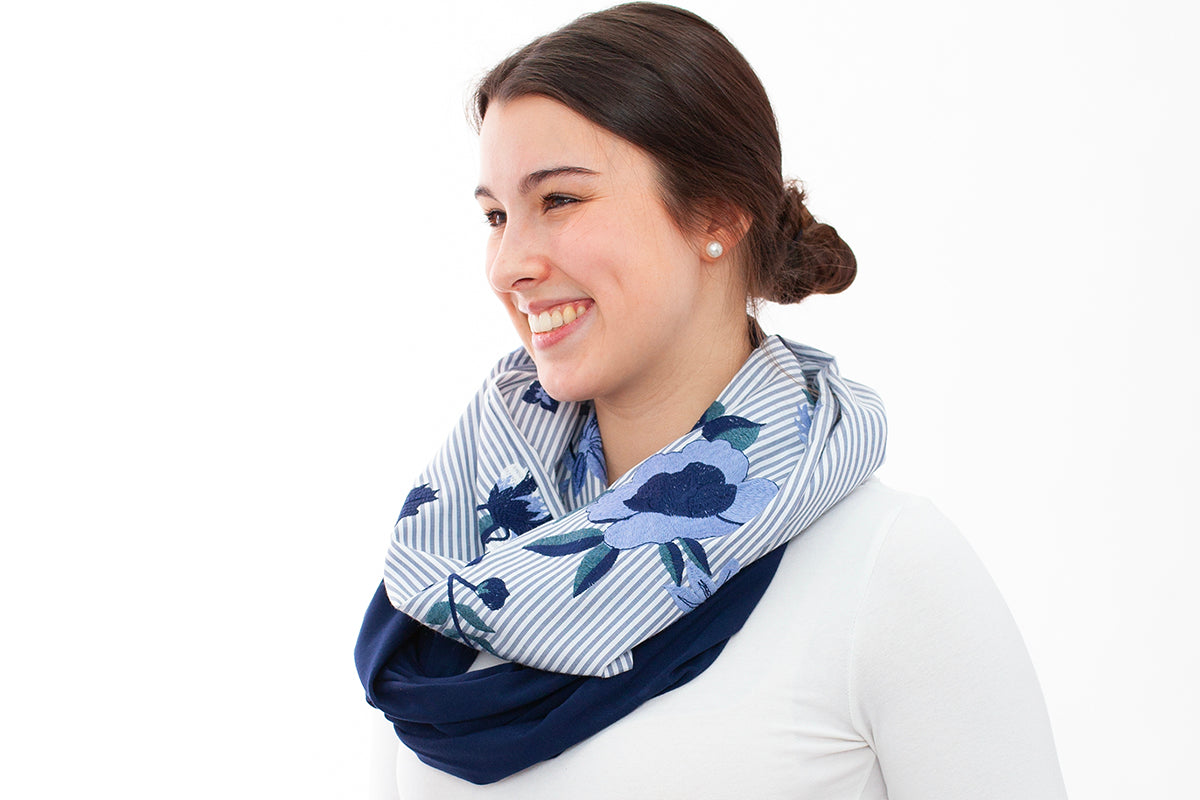 Blue embroidered flower/striped Baluchon scarf