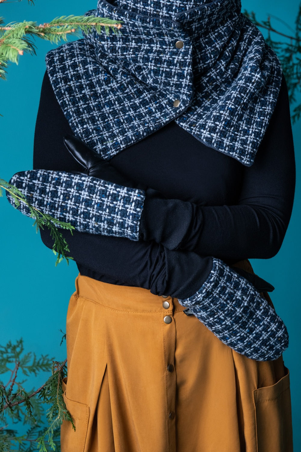 Mitaine Kazak Tricot Carreau bleu