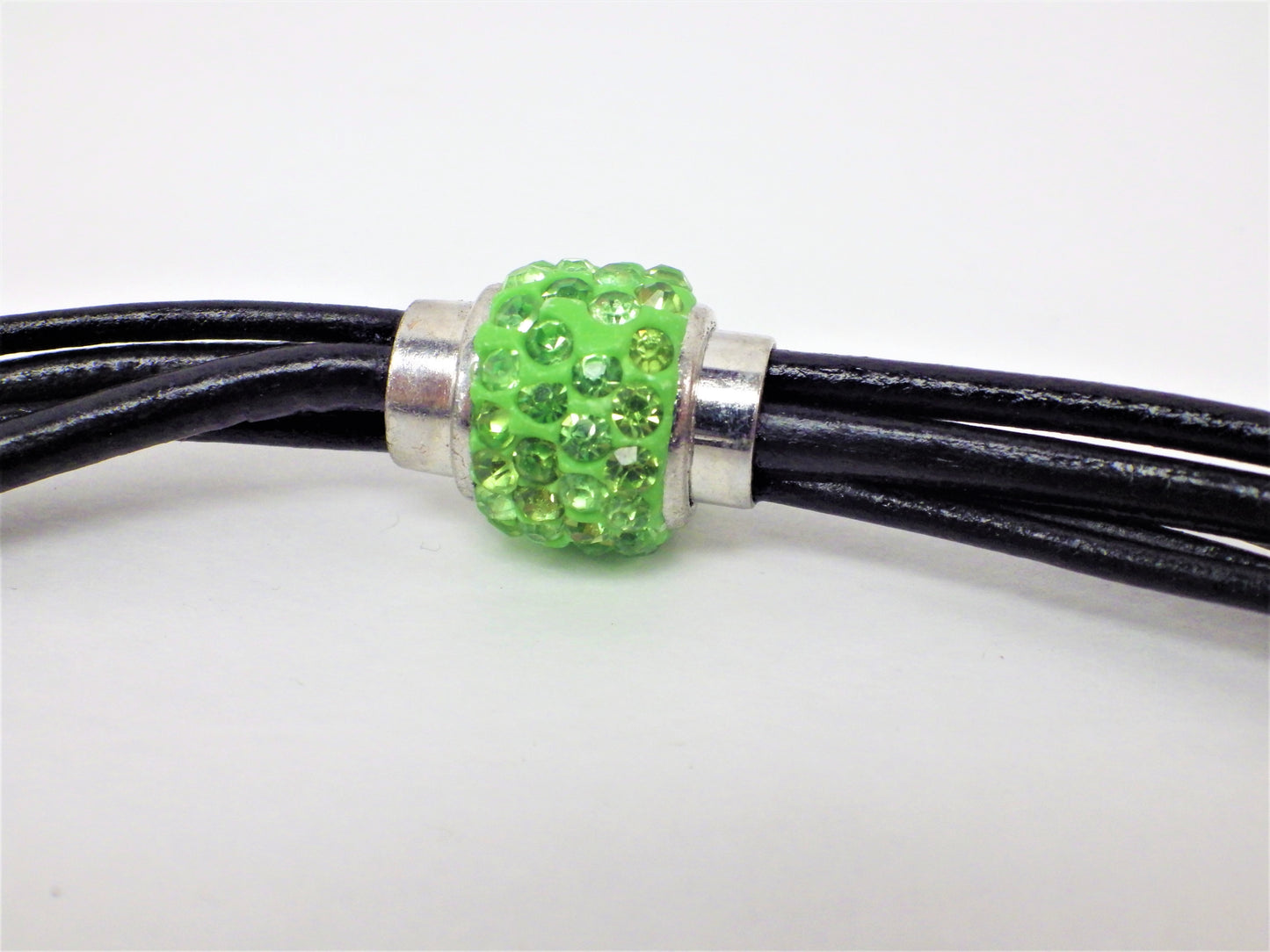 Black necklace/bracelet, green clasp, silver tubes and medallion - MJ Bijoux