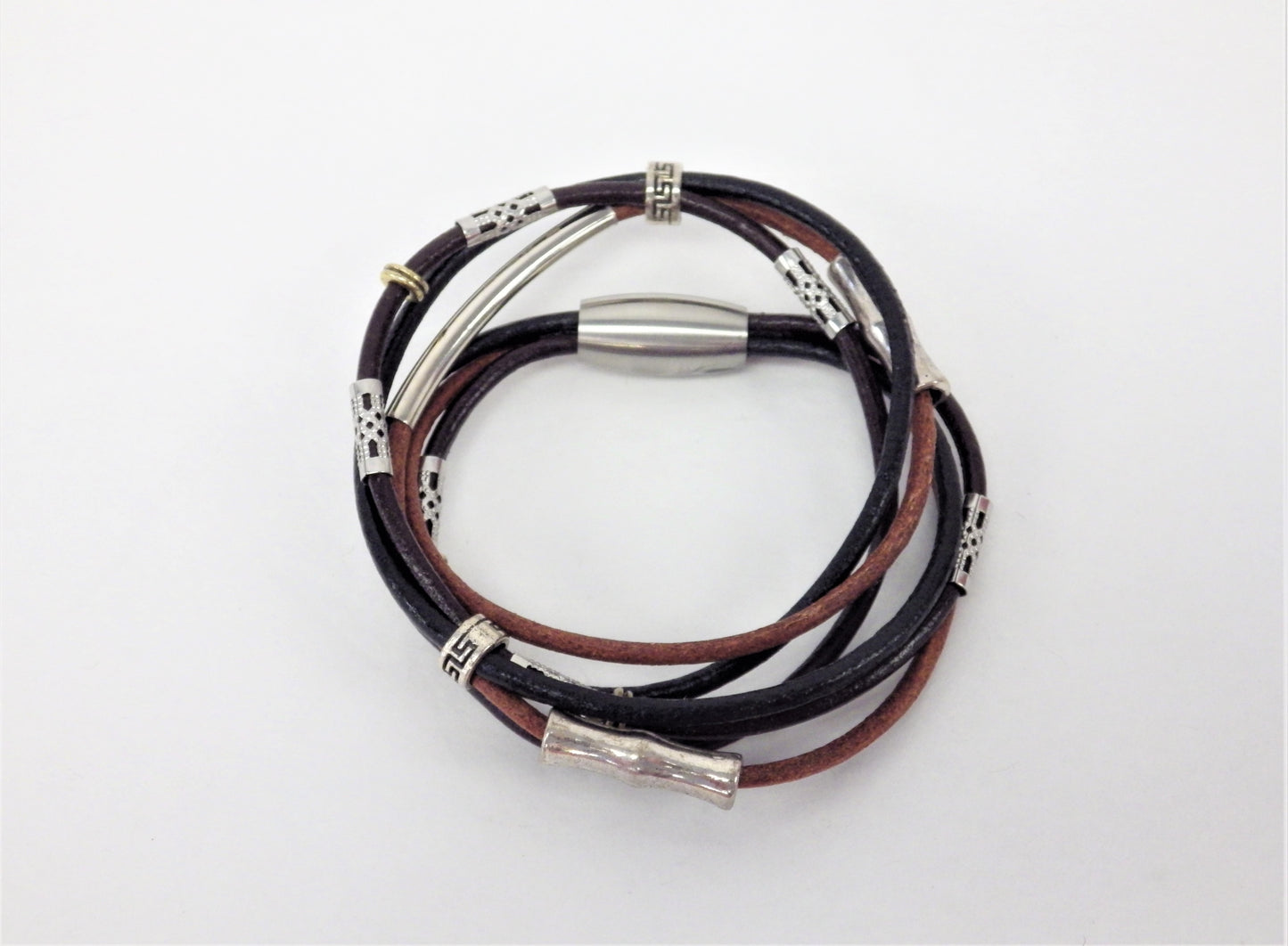 Collier/Bracelet noir et brun deux tons, pièces variées et tube - MJ Bijoux