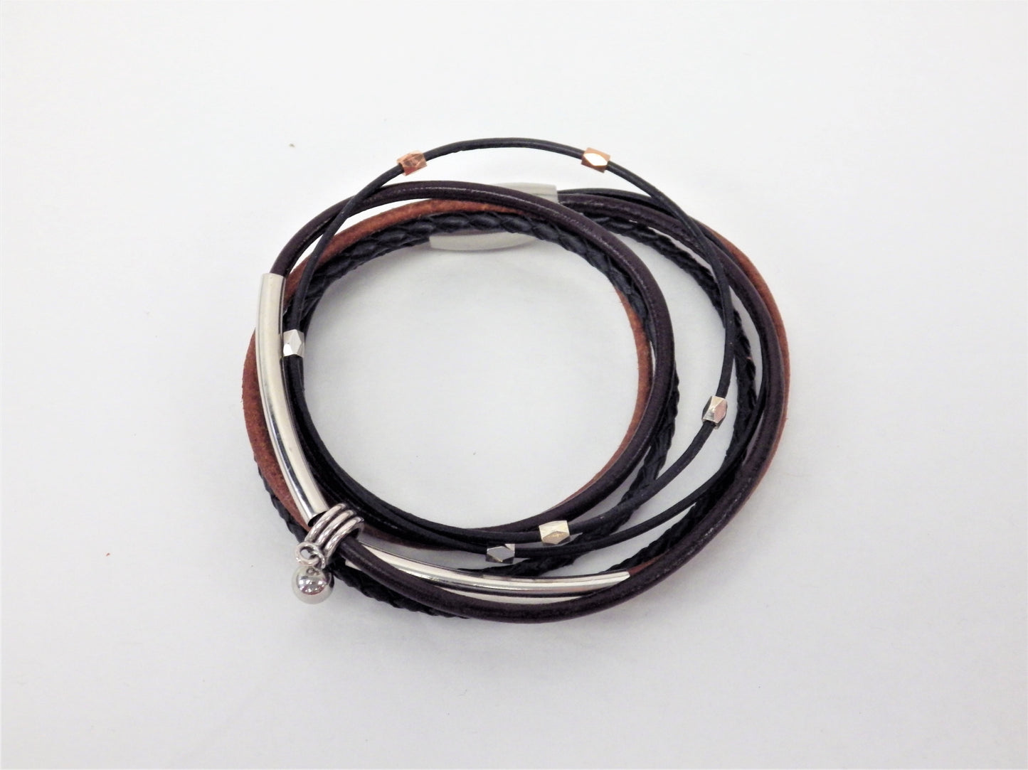 Collier/Bracelet brun deux tons et tresse noire, tubes et petite boule - MJ Bijoux