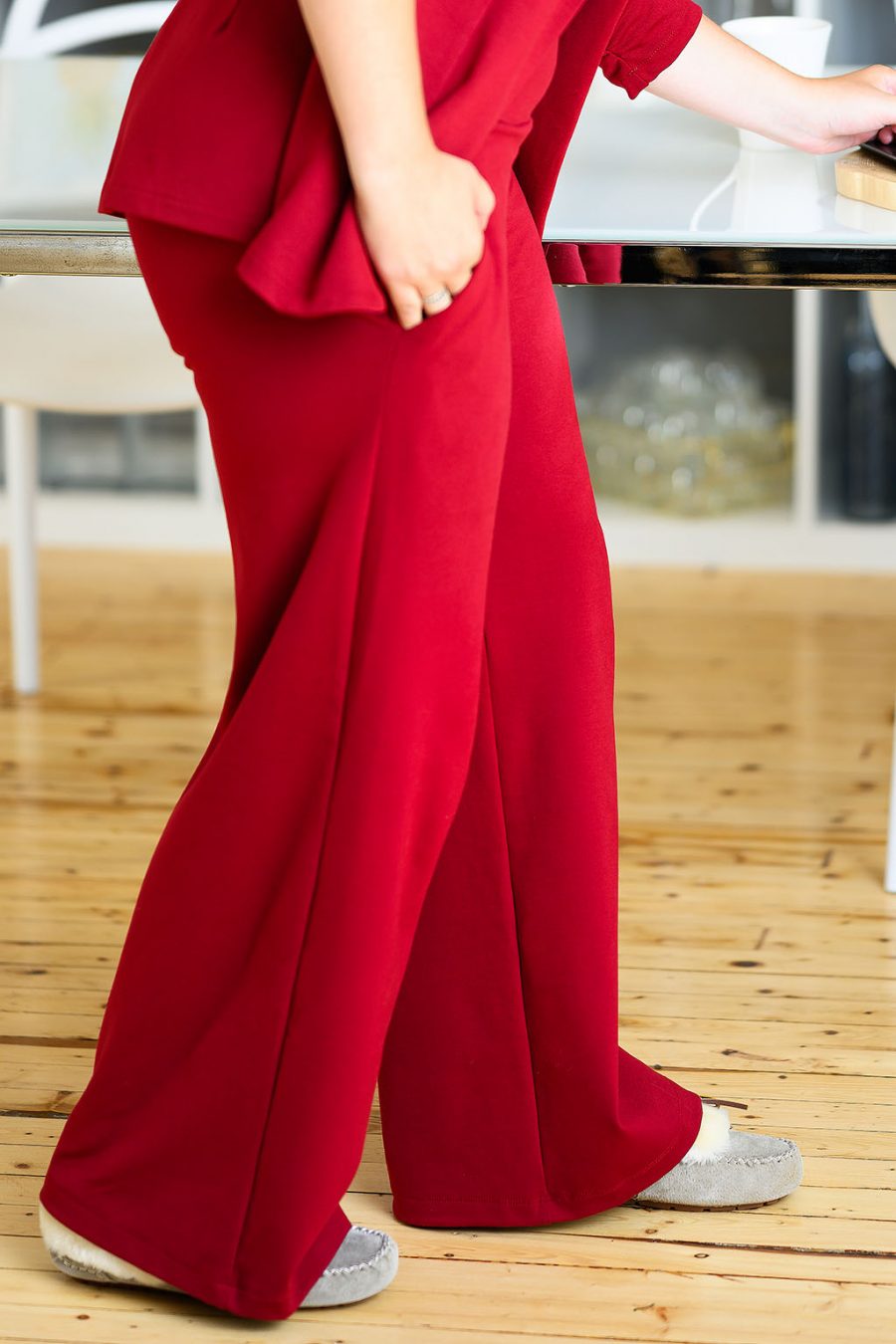 strapless open back dress Red High Waisted Stretch Wide Leg Pants