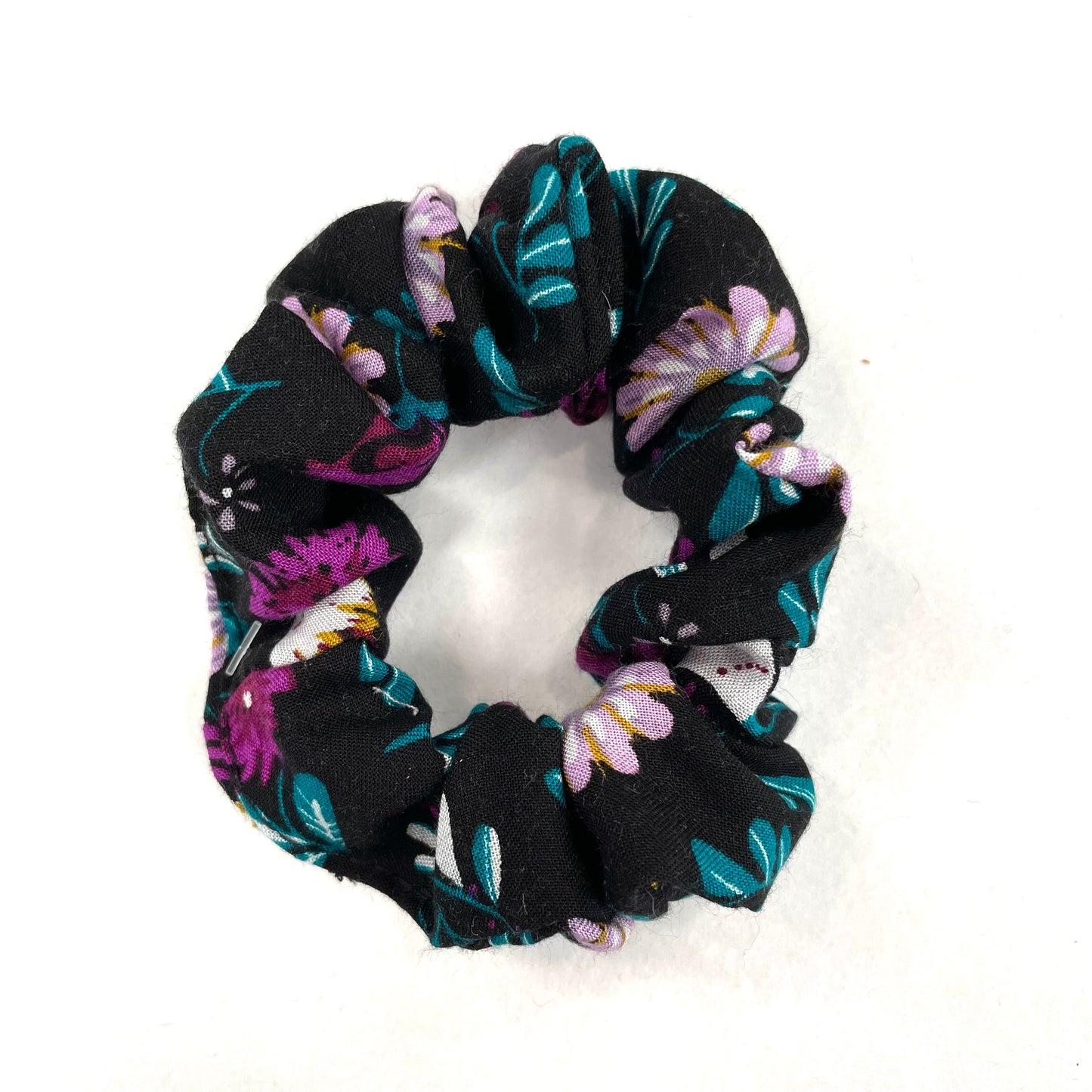 Black Scrunchie with Purple Fushia Flowers - Red Sofa