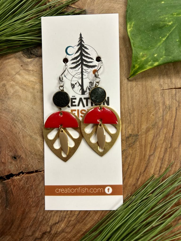 Boucles d'oreilles- Big Little Leaf noir et rouge -Création Fish