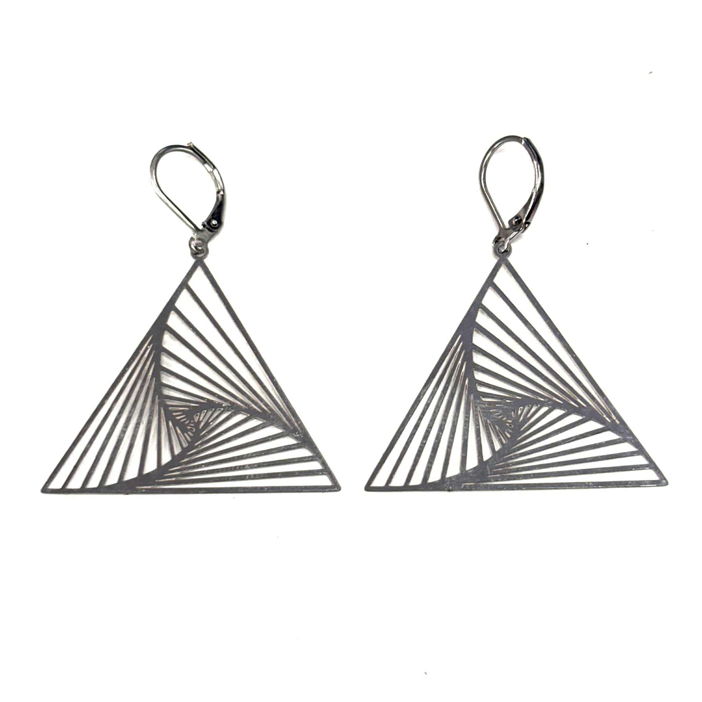 Boucles d'oreilles - Triangle avec lignes - Couleur argent - Rouge Inox