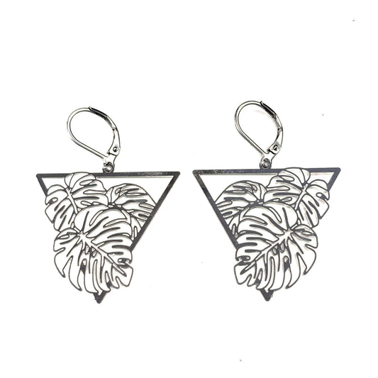 Boucles d'oreilles - Triangle avec feuilles monstera argent - Rouge Inox