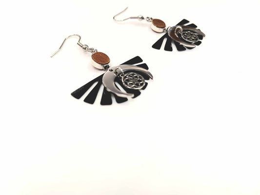 Boucles d'oreilles Éventail - Lune noire - Cuir - Création Fish