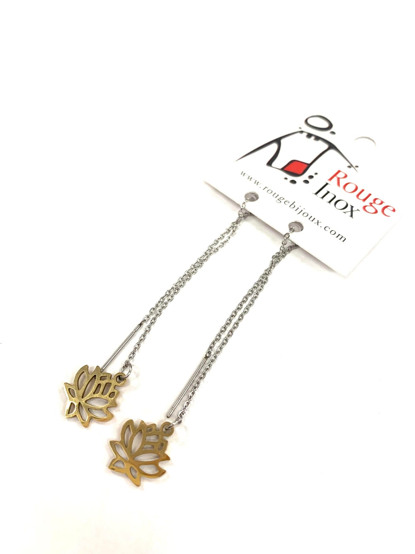 Boucles d'oreilles longues Lotus  - Or - Rouge Inox