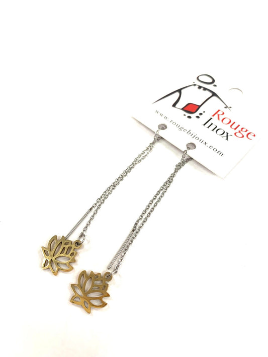 Boucles d'oreilles longues Lotus  - Or - Rouge Inox