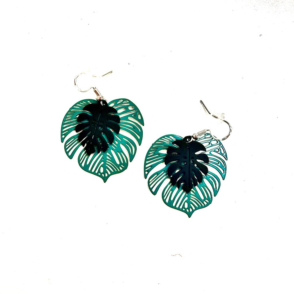 Boucles d'oreilles-Monstera noir et turquoise-Création Fish