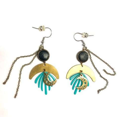 Boucle d'oreille du Nord - Forêt - Turquoise - Lune - Création Fish