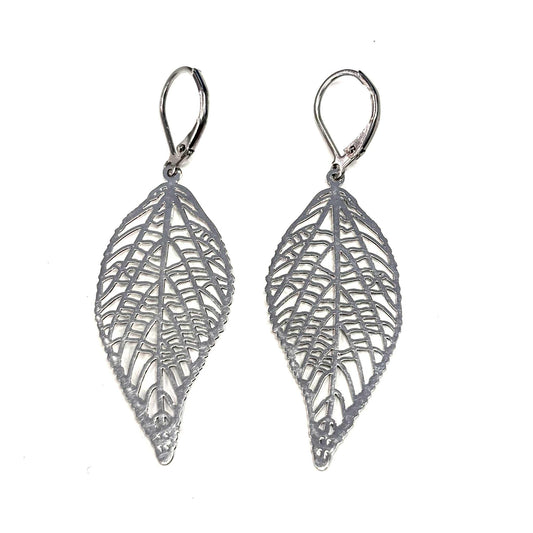 Boucles d'oreilles - Feuille allongée argent- Rouge Inox