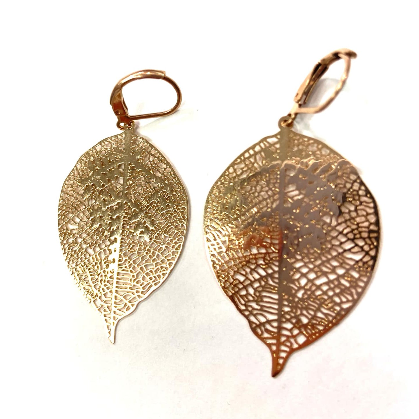 Boucles d'oreilles - Feuille nervures or - Rouge Inox