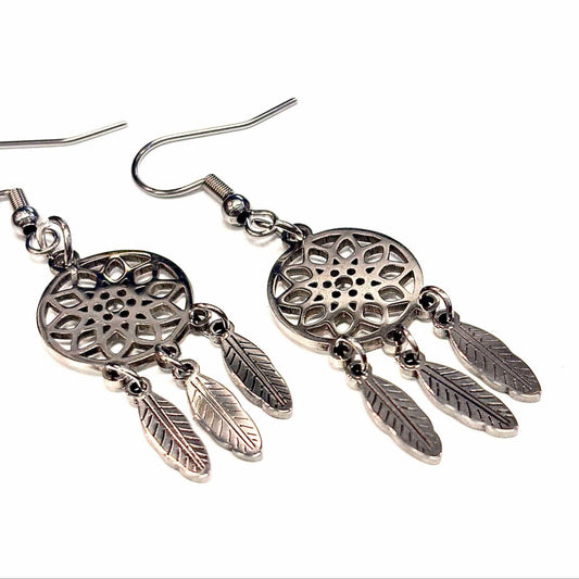 Boucles d'oreilles  - petit capteur de rêve  - Rouge Inox