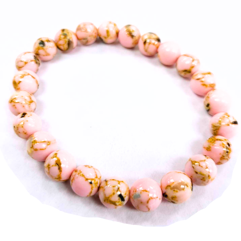 Bracelet -  Billes de coquillage _ Rose avec ligne or- Rouge Bijoux