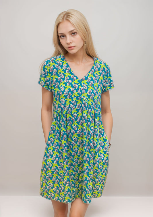 CHILLY-F Robe décontractée à encolure en V – Imprimé feuillage bleu GDB