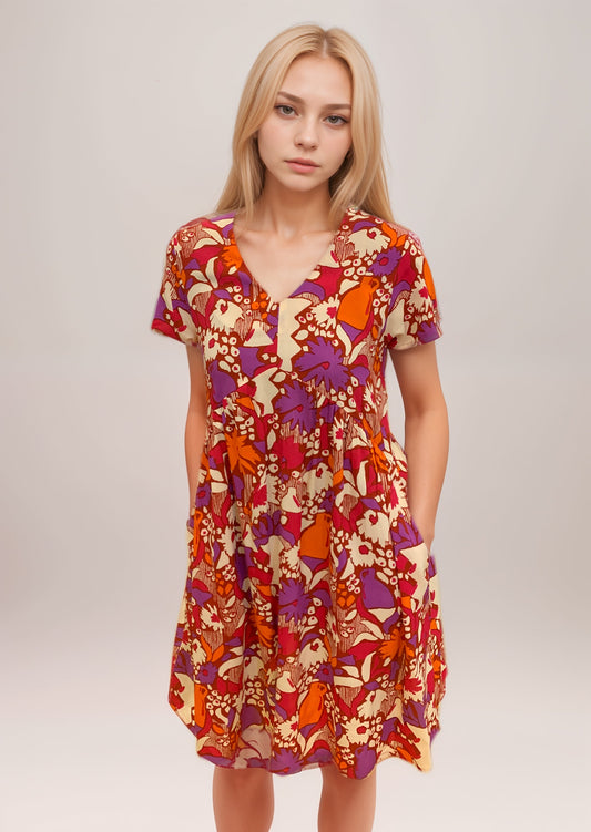 CHILLY-H Robe décontractée à encolure en V – Imprimé floral abstrait rouge, orangé & violet GDB