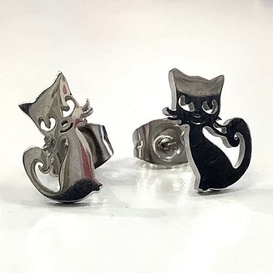 Earrings - Playful Cat - Silver - Red Stainless Steel