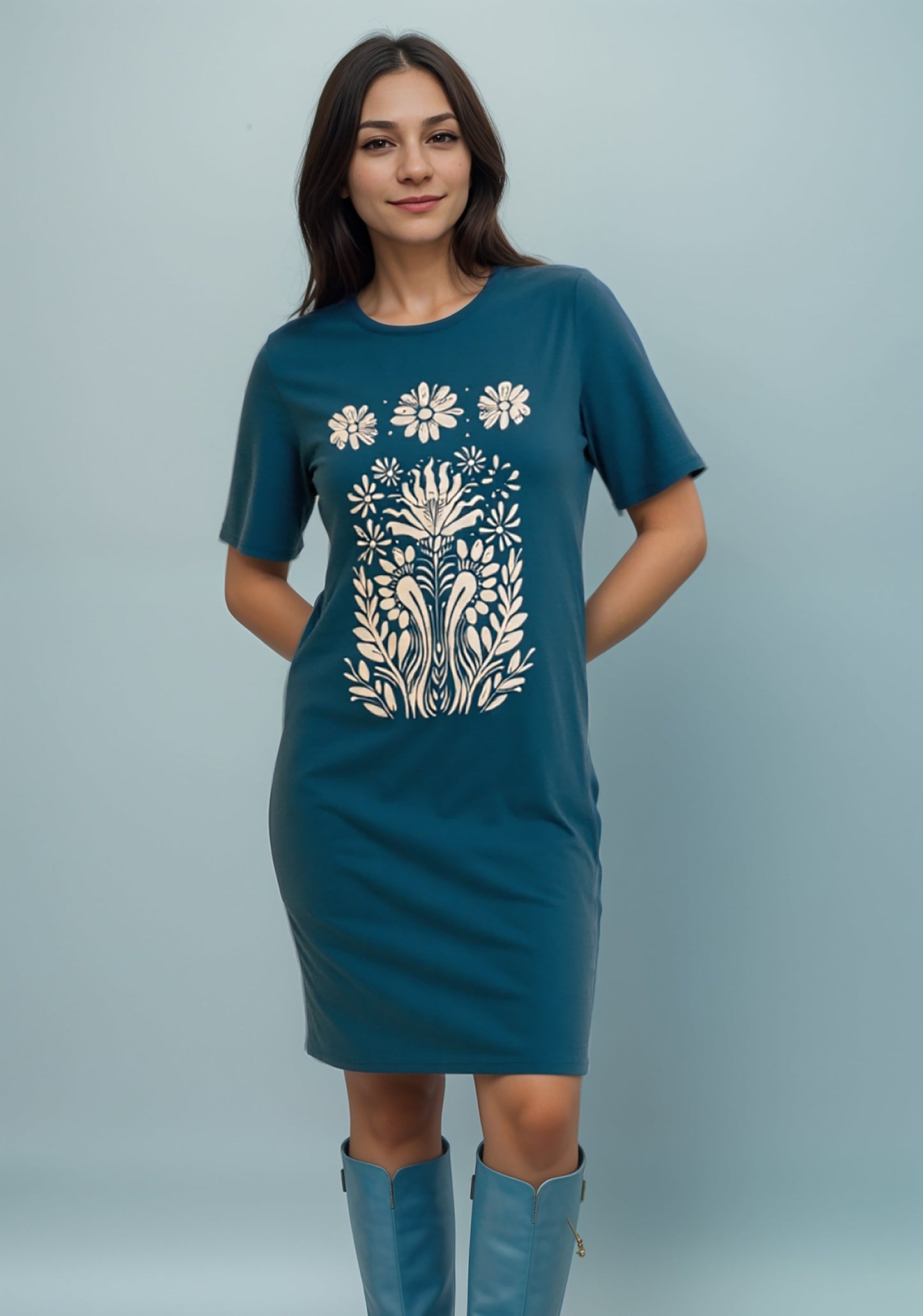 JS11 Teal - Robe t-shirt imprimée – Bleu sarcelle avec motif floral crème