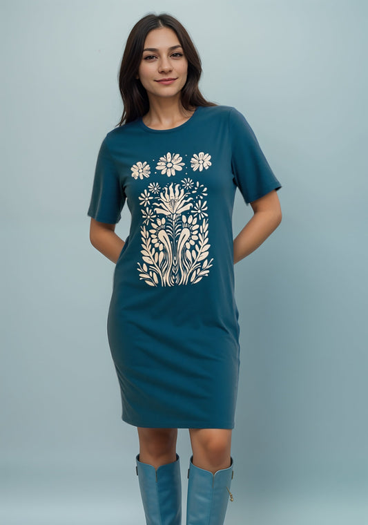 JS11 Teal - Robe t-shirt imprimée – Bleu sarcelle avec motif floral crème
