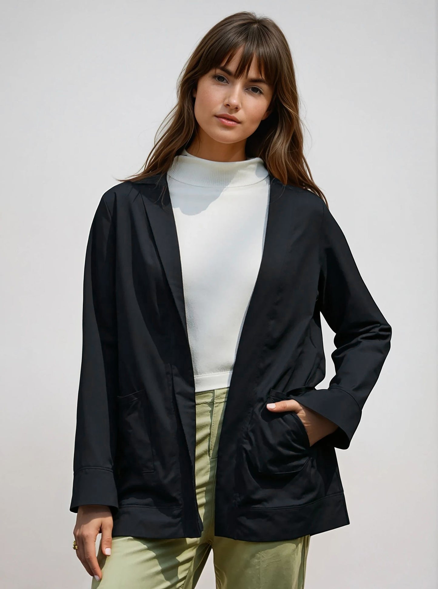 JS14 Cardigan noir long à poches - Viscose spandex