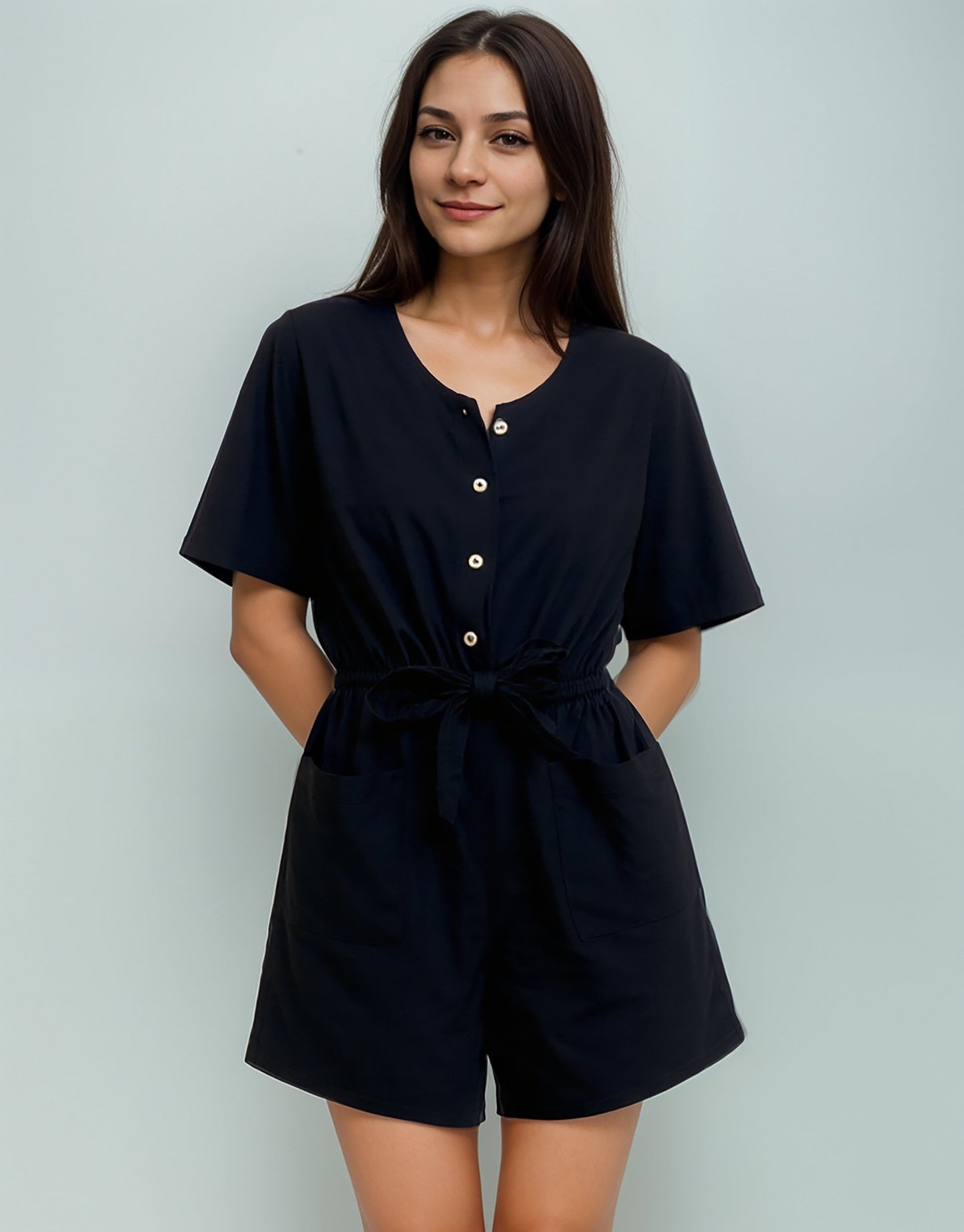 JS22 Combinaison courte à boutons – Noir uni - Viscose spandex