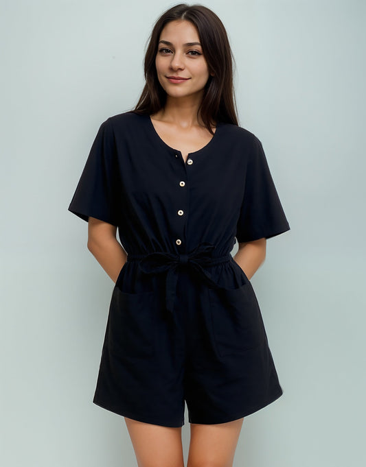 JS22 Combinaison courte à boutons – Noir uni - Viscose spandex