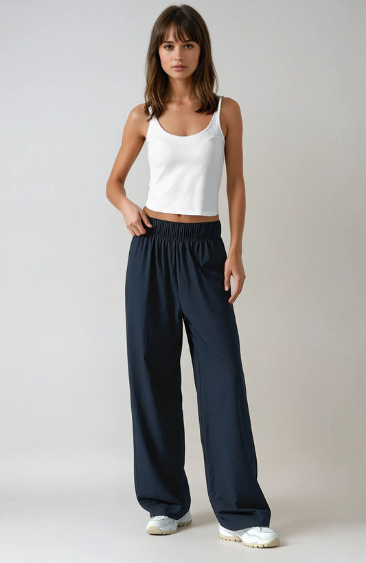 JS24 Pantalon long large à taille élastique – Noir - Viscose spandex