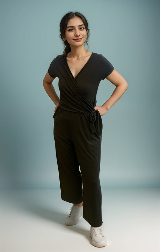 JS26 Combinaison longue cache-cœur – Noir uni - Viscose spandex