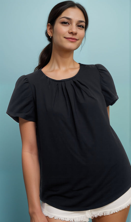 JS31 Black - Haut noire à manches courtes bouffantes - Viscose spandex