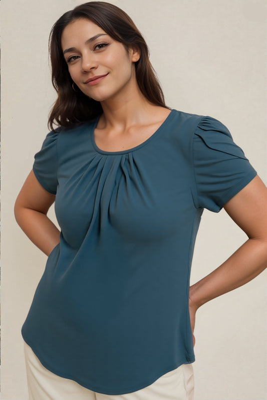 JS31 Teal - Haut teal à manches courtes bouffantes - Viscose spandex