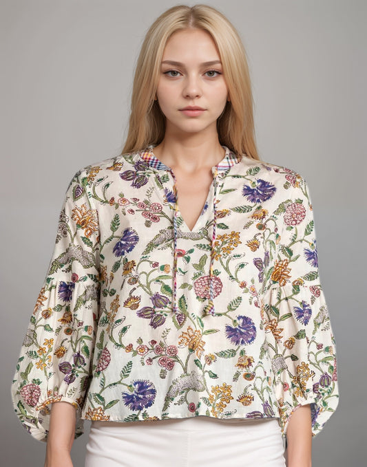 MITTE Blouse bohème à manches bouffantes – Imprimé floral multicolore sur fond crème GDB