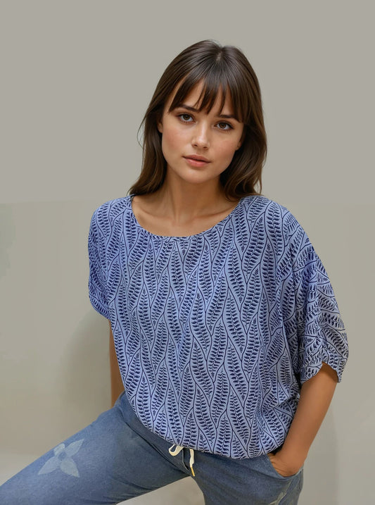 MONA LISA-S Haut décontracté à manches courtes – Imprimé feuillage bleu GDB