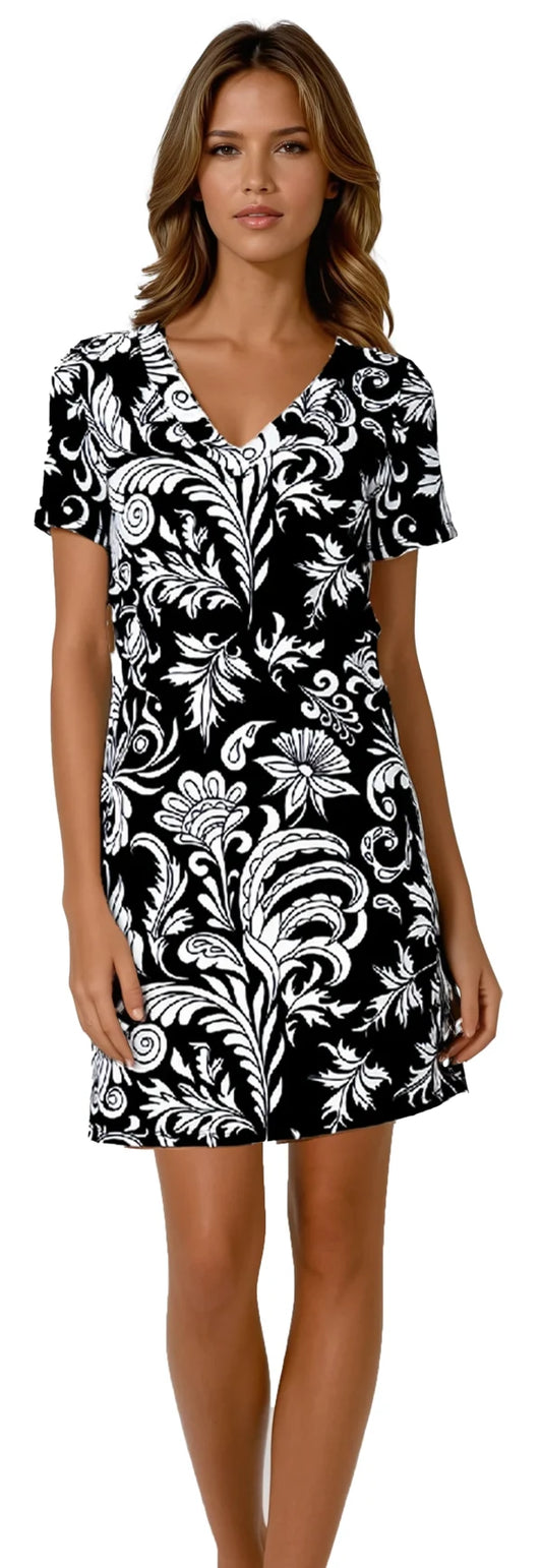 Robe saraly black mcc - Manches courtes - col en V - ligne trapèze -  Miss Versa