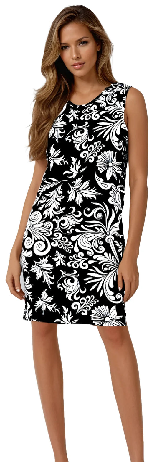 Robe saraly noir et blanc - sans manches - col rond - ligne trapèze -  Miss Versa