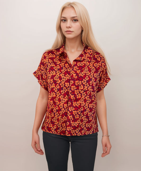 YUT-N Chemisier à manches courtes – Imprimé floral & orangé GDB